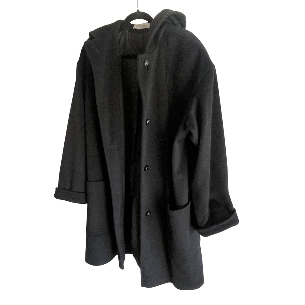 Larry Levine 75% Wool Black Hooded Oversized Coat Button Made in USA